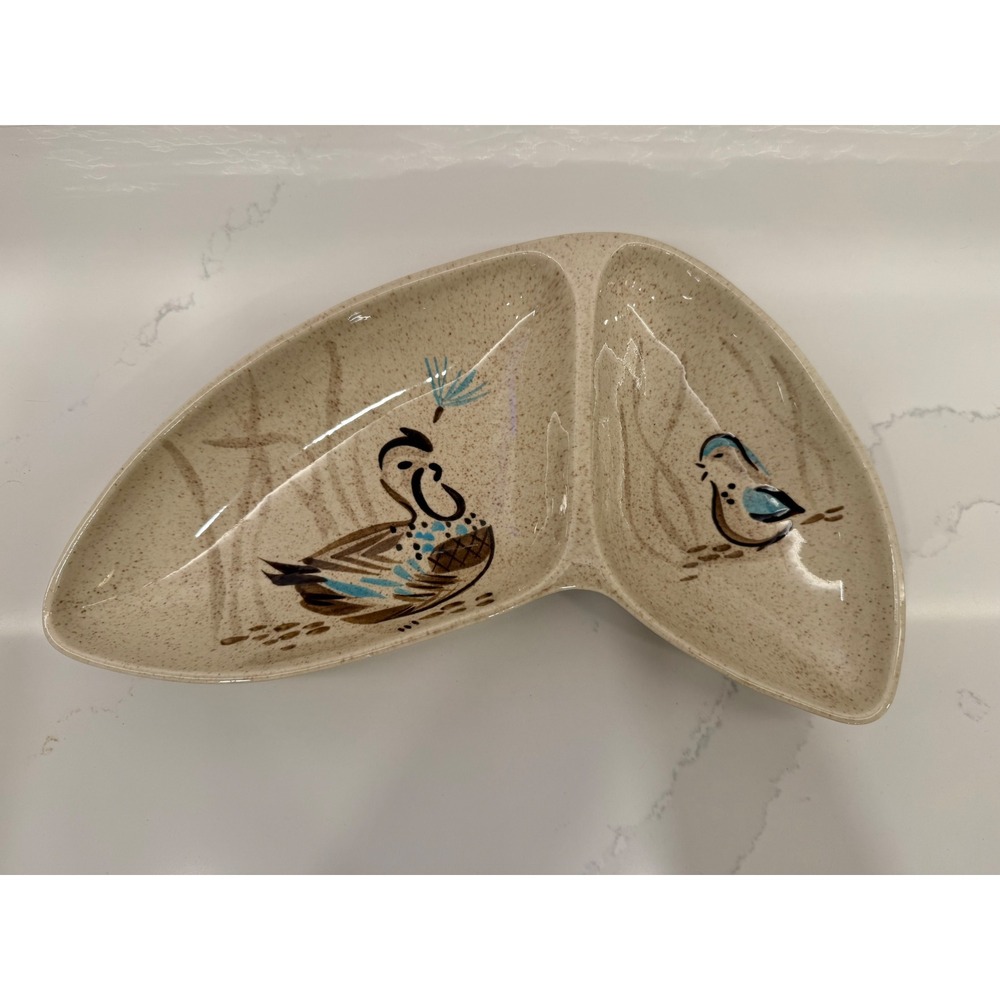 Red Wing Serving Dish Bobwhite Quail Hand Painted Tan MCM Divided Plate Vintage